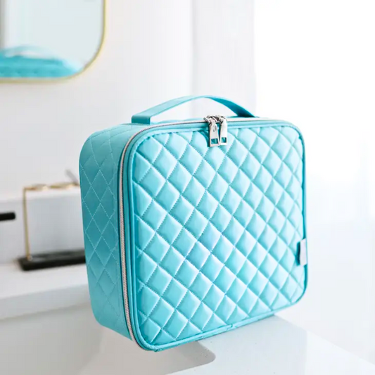 Blue Quilted Satin Cosmetic Case