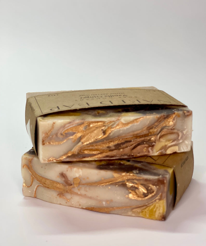 Vanilla Ginger Artisan Soap Bars showing golden swirls